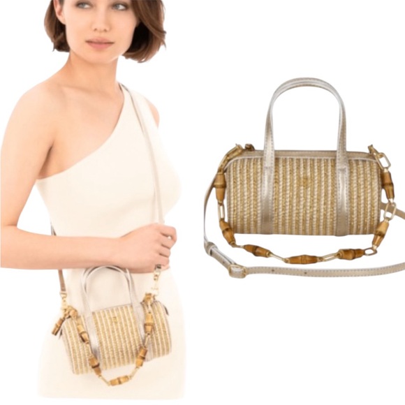 NEW Eric Javits Metallic Gold Straw Squishee MiniBarrel Clutch Crossbody Bag